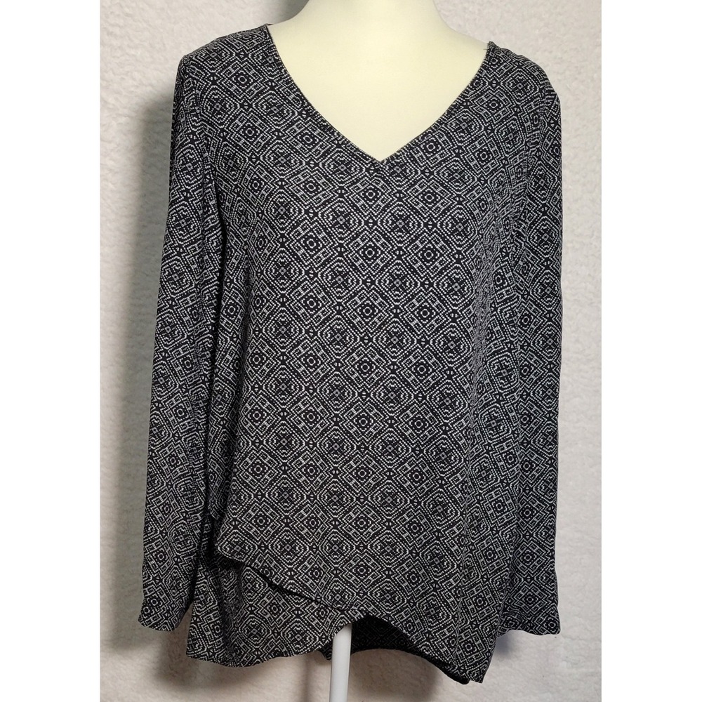 Chelsea & Theodore Blouse Top Black White‎ Geometric Medium Long Sleeve 0367